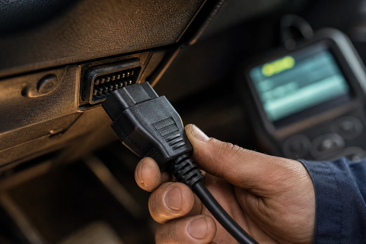 Podłączanie przewodu diagnostycznego do złącza OBD w samochodzie